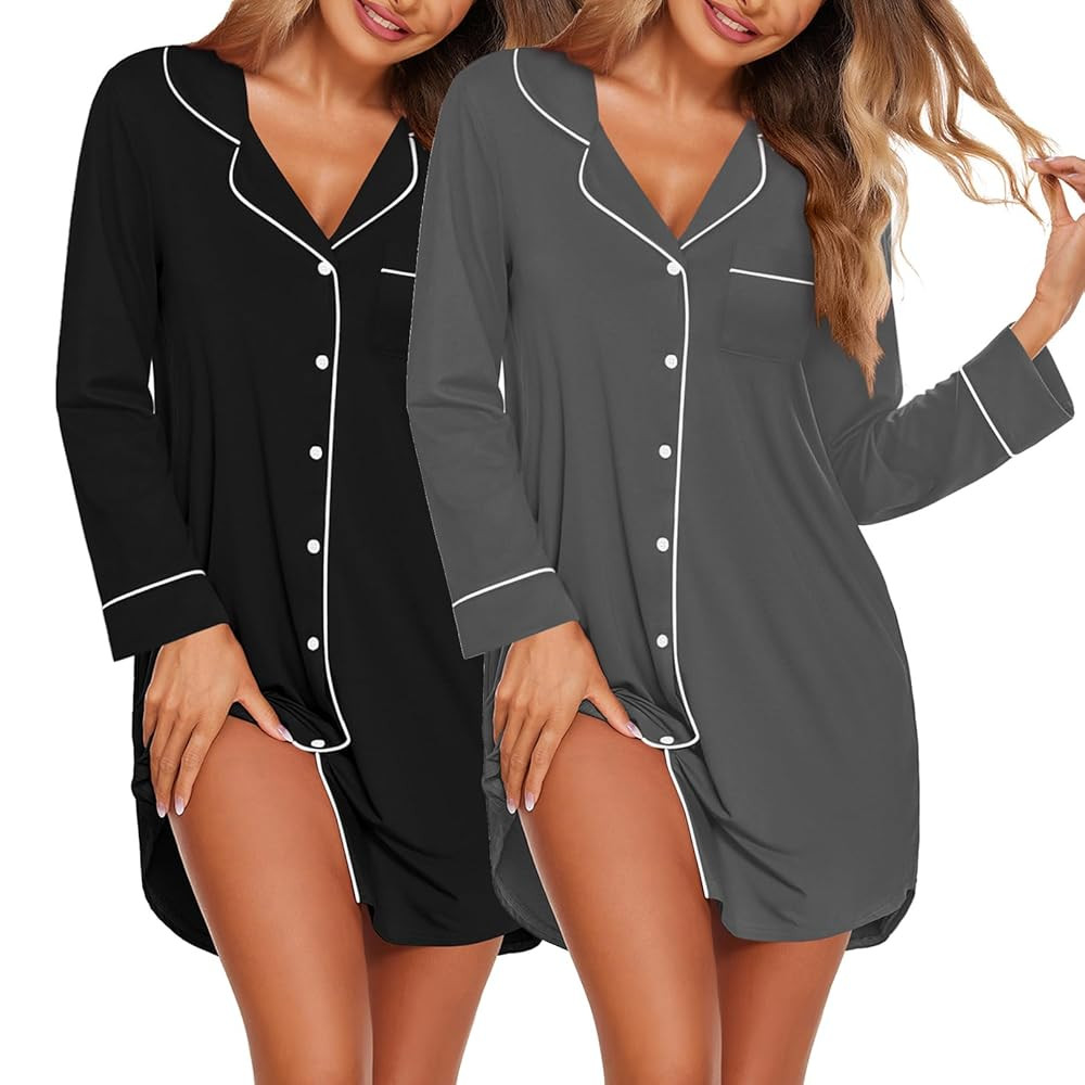 Ekouaer 2 Pack Nightgowns for Women Long Sleeve Night Shirt Button Down Sleep Shirt V-Neck Sleep ... | Amazon (US)