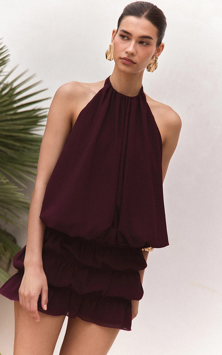 Dark Plum Chiffon Halterneck Top | PrettyLittleThing UK