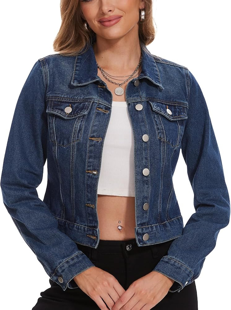 andy & natalie Women's Denim Jackets Cropped Long Sleeve Basic Button Down Crop Jean Shacket with... | Amazon (US)