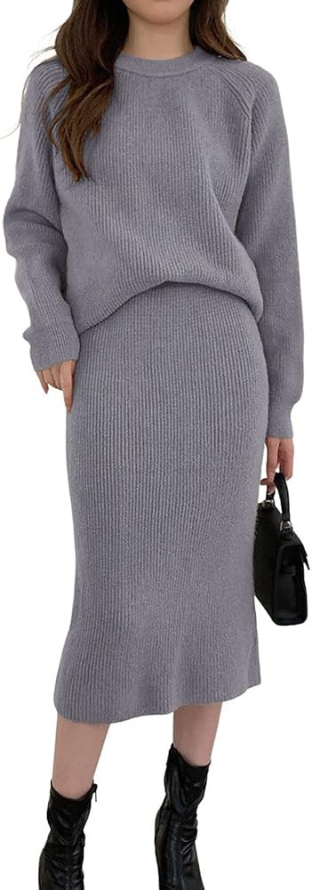 chouyatou Women's Two Piece Sweater Skirt Sets Knit Sweater Top Bodycon Skirt 2 Piece Outfits | Amazon (US)