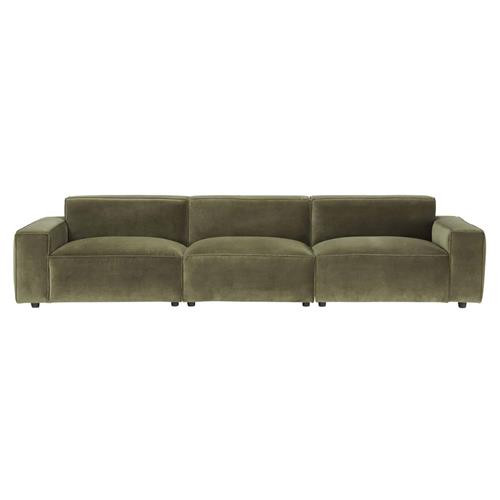 Olive Mid Century Green Upholstered Velvet Brown Wood Modular Sofa - 127"W | Kathy Kuo Home