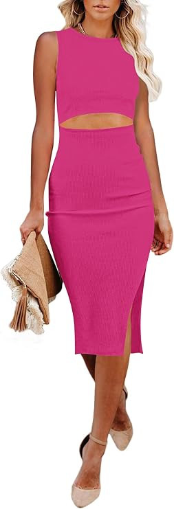 WNEEDU Womens Summer Bodycon Dresses Crew Neck Cutout Midi Dress Casual Slit Sleeveless Ribbed Kn... | Amazon (CA)