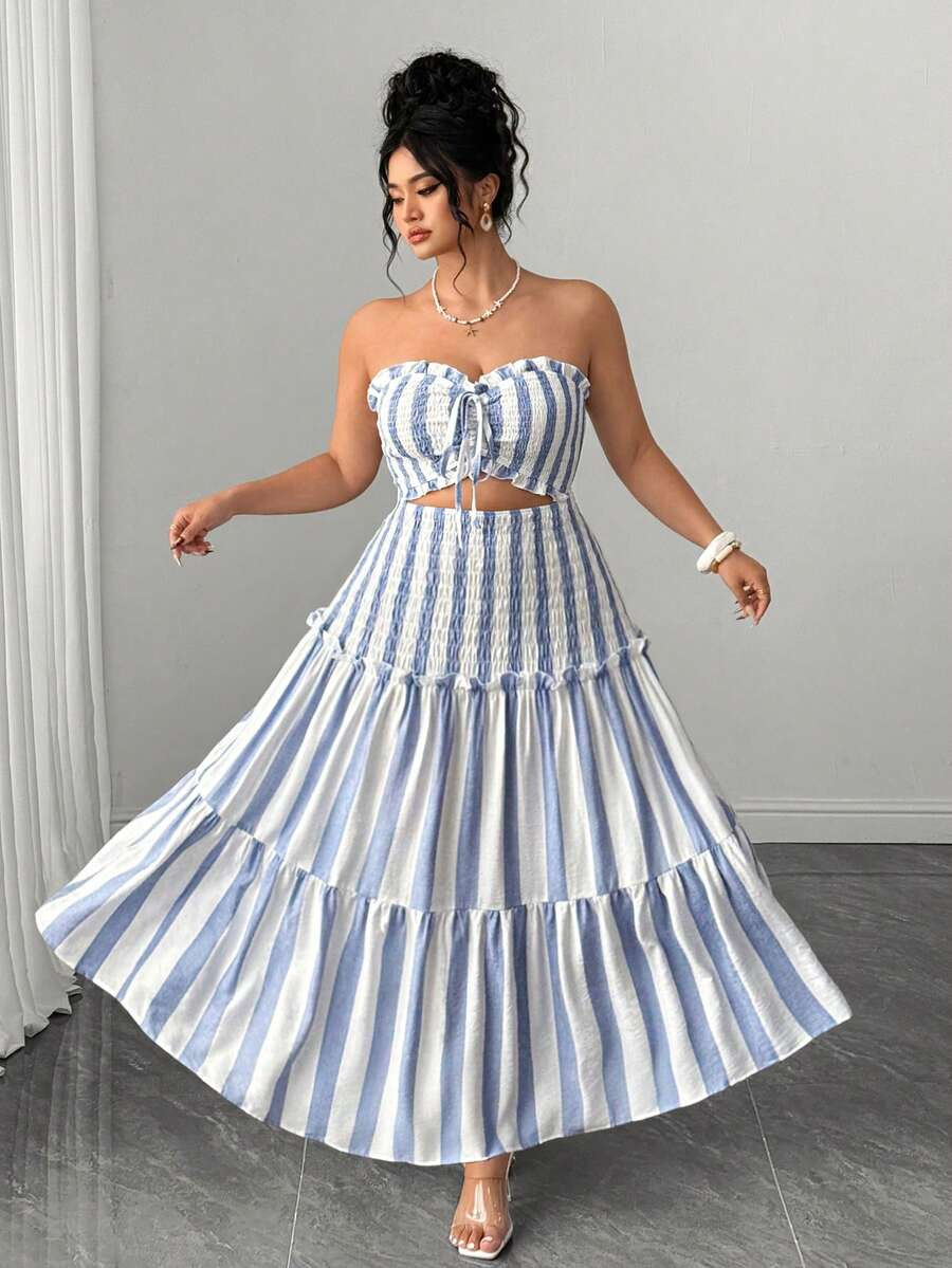 Elenzga Plus Size Elegant Blue And White Striped Strapless Bodycon Dress | SHEIN