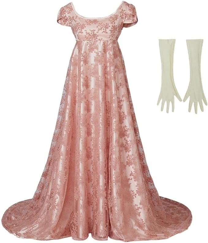 Edwina Sharma Dress Regency Dress Women's Highwaiste Line Floral Dress with Gloves | Amazon (US)