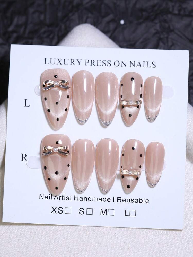 10pcs Almond Elegant Glossy Khaki Cat Eye Handmade Press On Nails Dots & Bows Sweet Gorgeous Korean & Japanese Style Nail Art Design Manual Nails Reusable Fake Nail Tips DIY Nail Beauty For Autumn And Winter | SHEIN