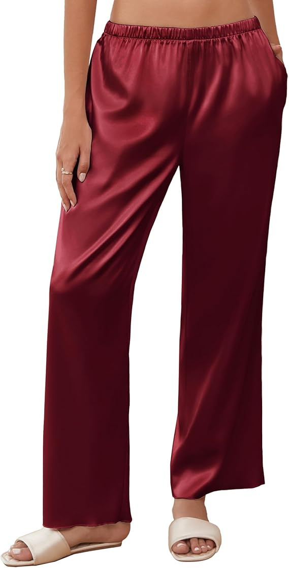 Ekouaer Womens Silk Satin Wide Leg Pajama Sleep Pants Casual Loose Soft Lounge Pants Elastic Wais... | Amazon (US)
