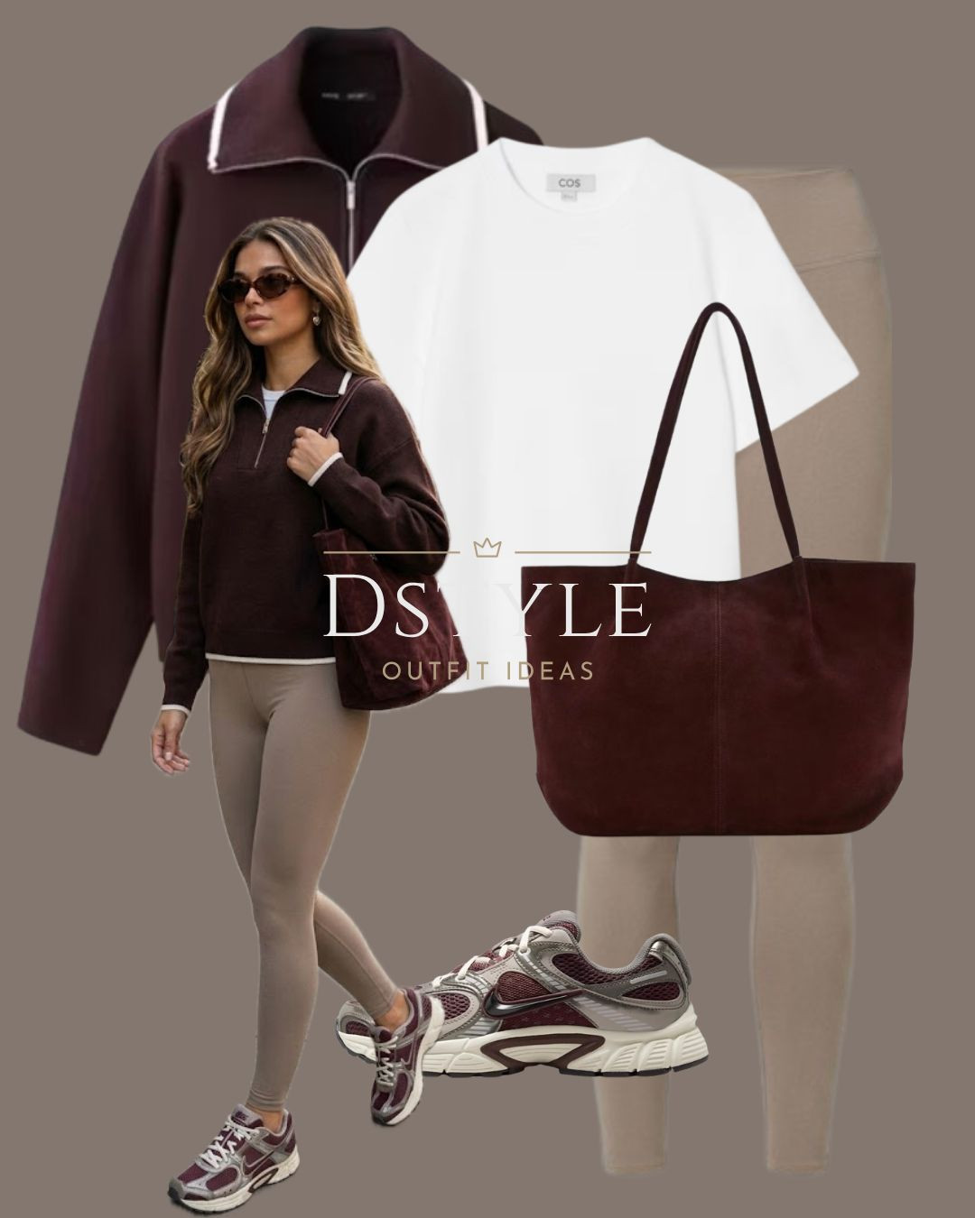 The ultimate off-duty athleisure uniform! 👟 Neutral leggings styled with an oversized burgundy half-zip pullover, matching suede tote, and retro running sneakers. Ideal for errands or travel days! 
#AthleisureStyle #ErrandOutfit #CasualStyle #FallAthleisure #Activewear

#LTKootd