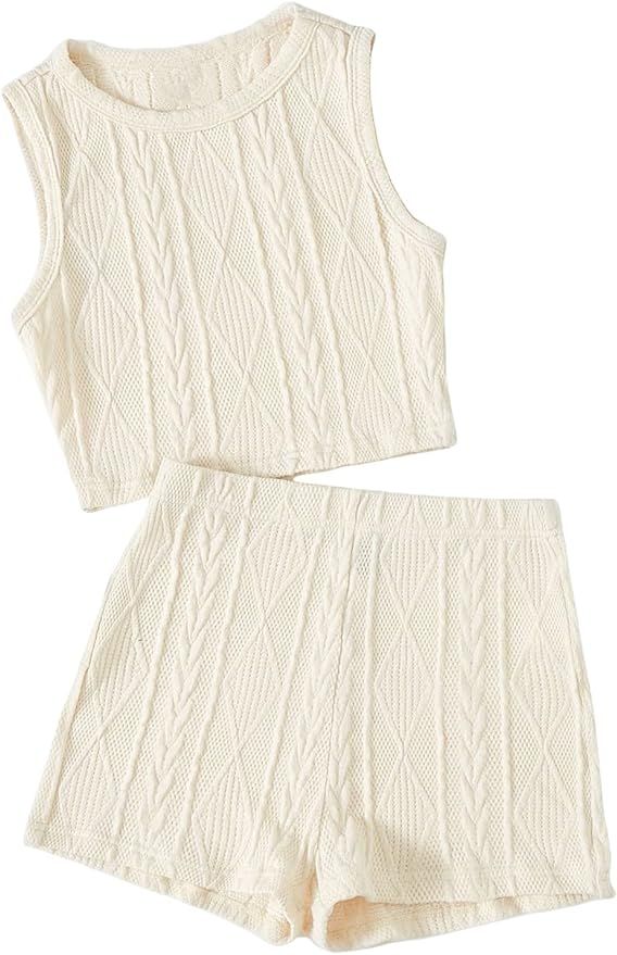 Verdusa Women's 2 Piece Outfit Textured Crop Tank Top and Skinny Short Sets | Amazon (US)