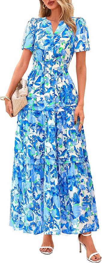PRETTYGARDEN Women's 2026 Summer Boho Maxi Dresses Floral Short Sleeve V Neck A Line Tiered Flowy... | Amazon (US)