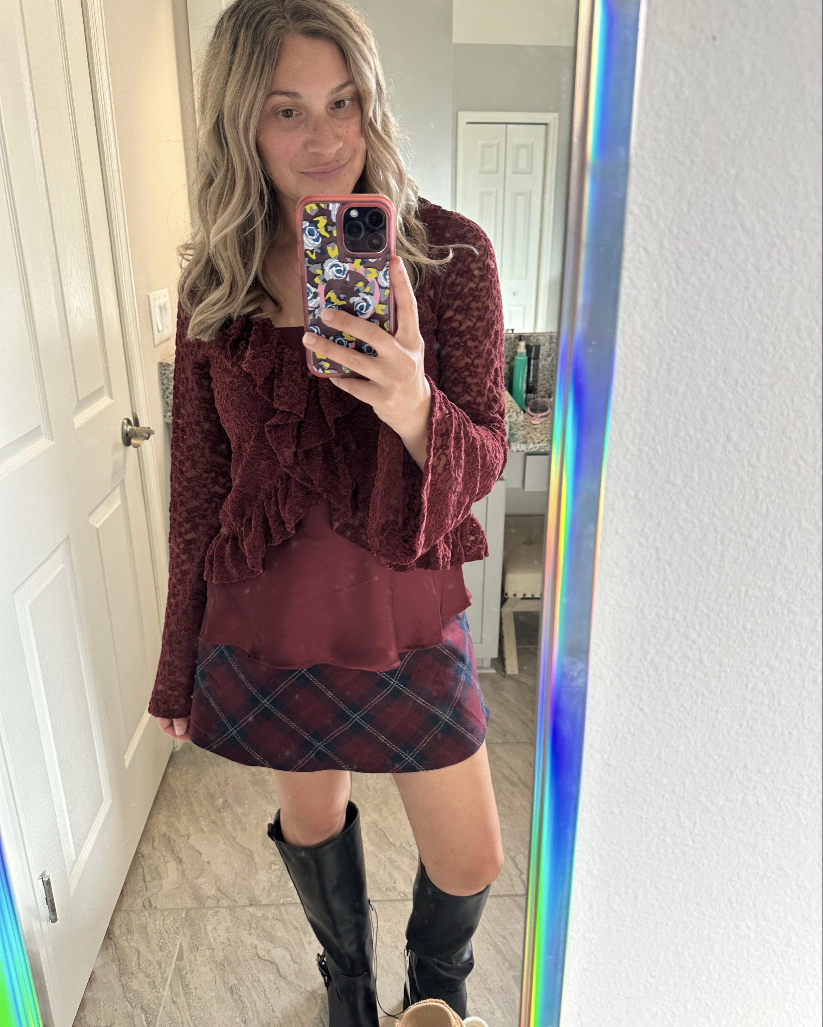 New holiday outfit from Target 🎯 Plaid skort(it’s so soft with a nice stretchy waistband, silk cami, lace sweater cardigan( so soft), with high boots. Everything is fitting TTS including the boots. I also ordered plaid black tights for the outfit but they haven’t arrived yet. I’ll attach the link for those too though. 

#LTKHoliday #LTKOver40 #LTKootd
