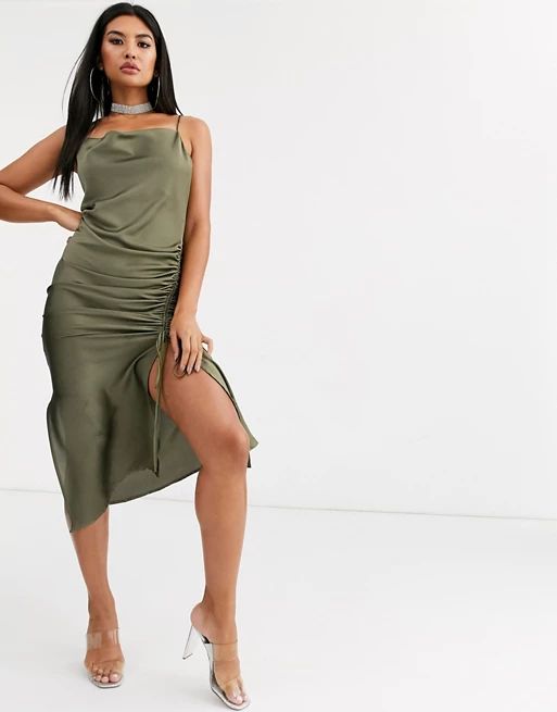 Public Desire midi cami dress with cowl neck and ruching in satin | ASOS (Global)