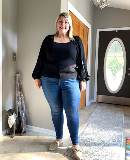 Another great top that you can wear to work with denim, black pants, and skirts so easily! It is lightweight and has really nice lightweight textured balloon sleeves. I’m in my true size 2X. 

I already had this denim but will link similar. 

I’m in my true size 11 shoe. They don’t sell the exact mule anymore but I’ll link a couple similar styles  

#LTKunder50 #LTKcurves #LTKworkwear
