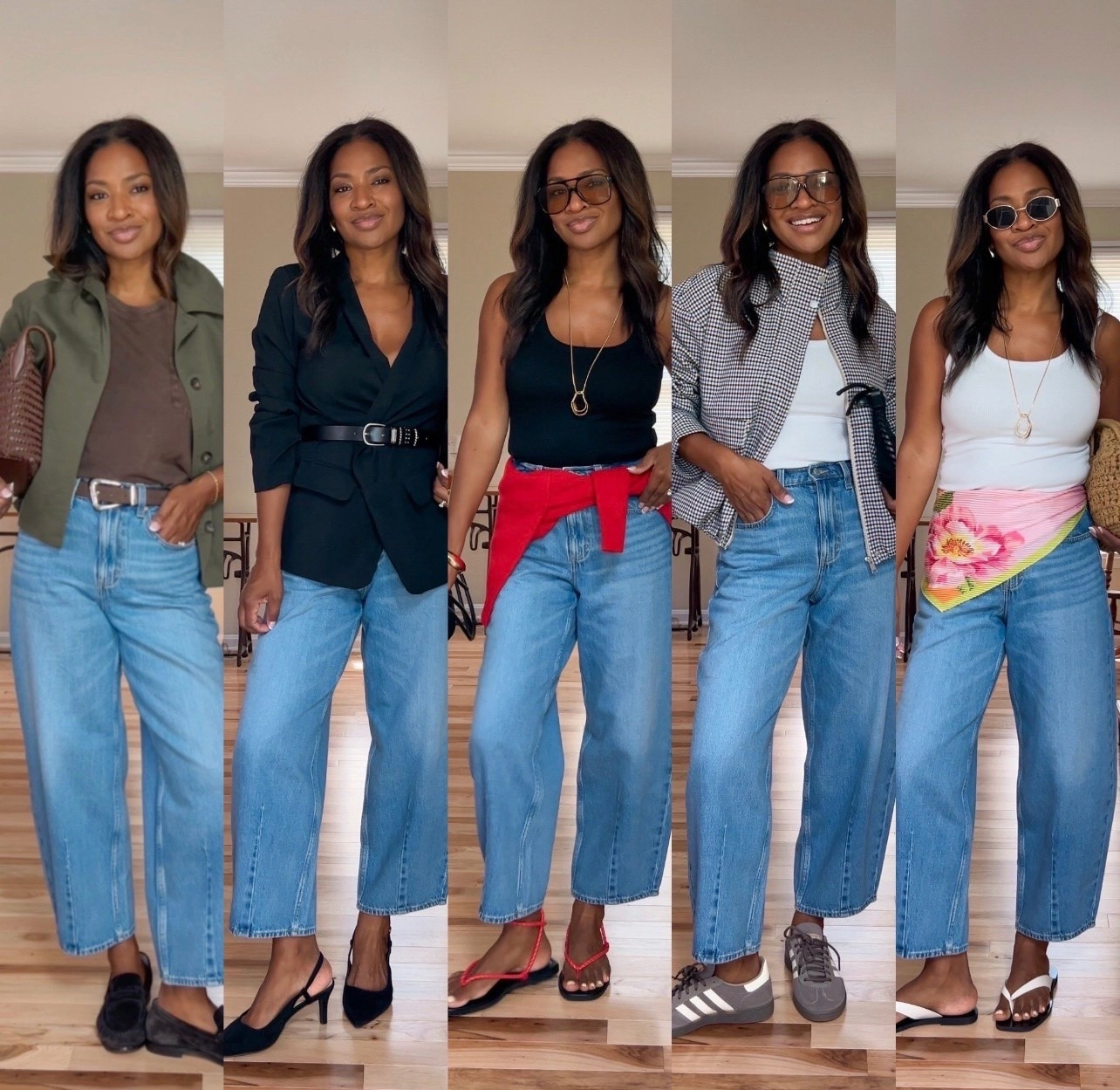 I’m wearing a size 4 in the barrel jeans. That is my true size. In the green jacket I’m linking similar ones. I’m linking similar black blazers. I wear a size 4 and the tank tops. A size medium, and the red cardigan. A size small in the plaid jacket. Size 1/2 down in the Adidas sneakers