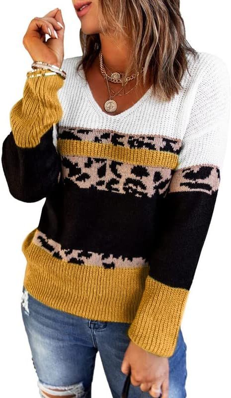 Dokotoo Womens Color Block Sweaters Long Sleeve Crewneck Pullover Knit Jumper Tops | Amazon (US)