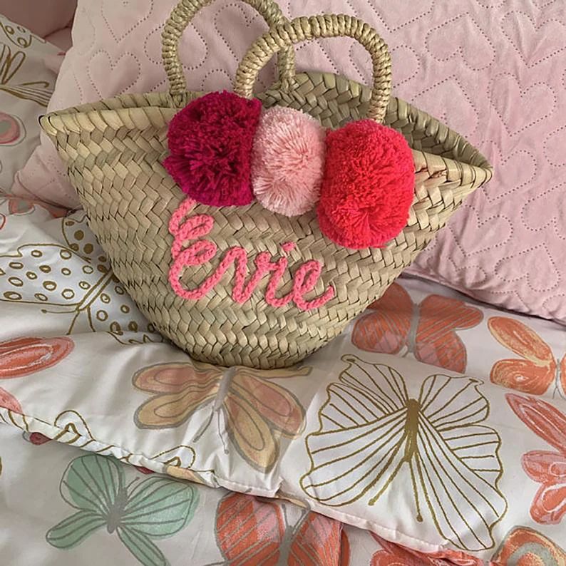 monogrammed baskets, Personalized Wedding gift, customized bridal bags embroidered bags with pomp... | Etsy (US)