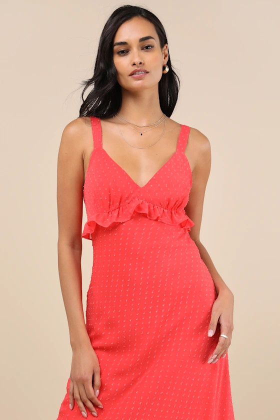 Valonia Red Orange Ruffled Clip Dot Empire Waist Midi Dress | Lulus