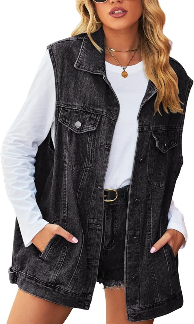FindThy Women’s Vintage Denim Jean Vest Oversized Button Down Jean Waistcoat Gilet | Amazon (US)