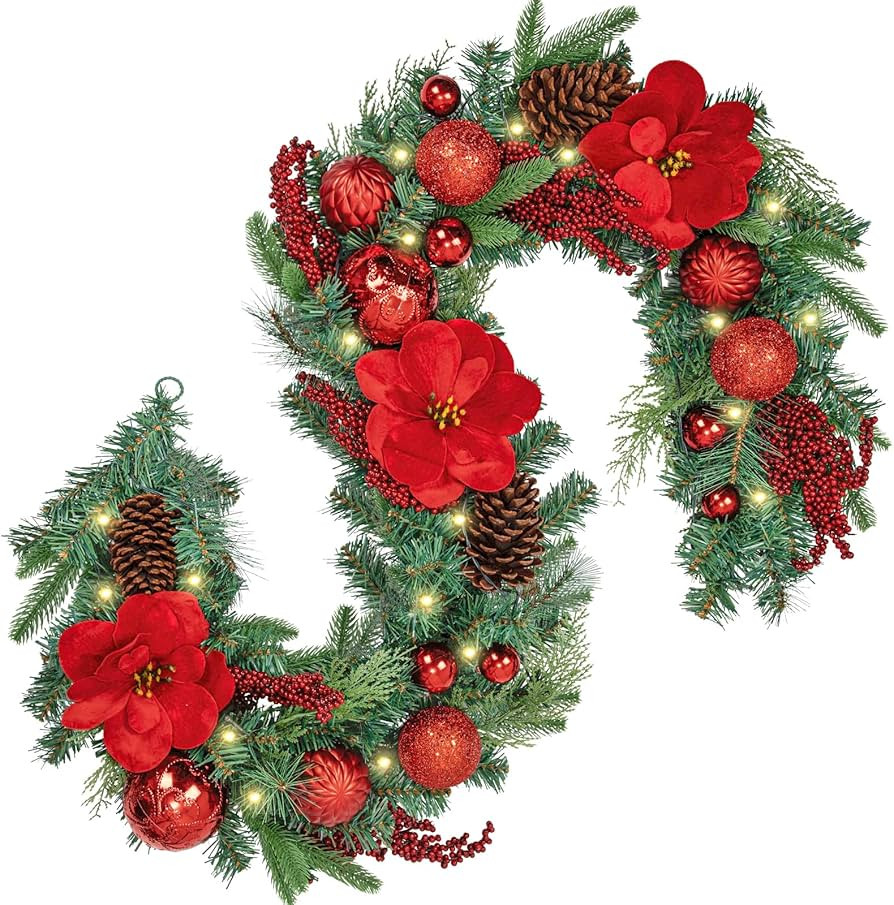 Christmas Red Garland 6Ft Christmas Ornaments with Lights, Battery Operated Lighted Garland with ... | Amazon (US)