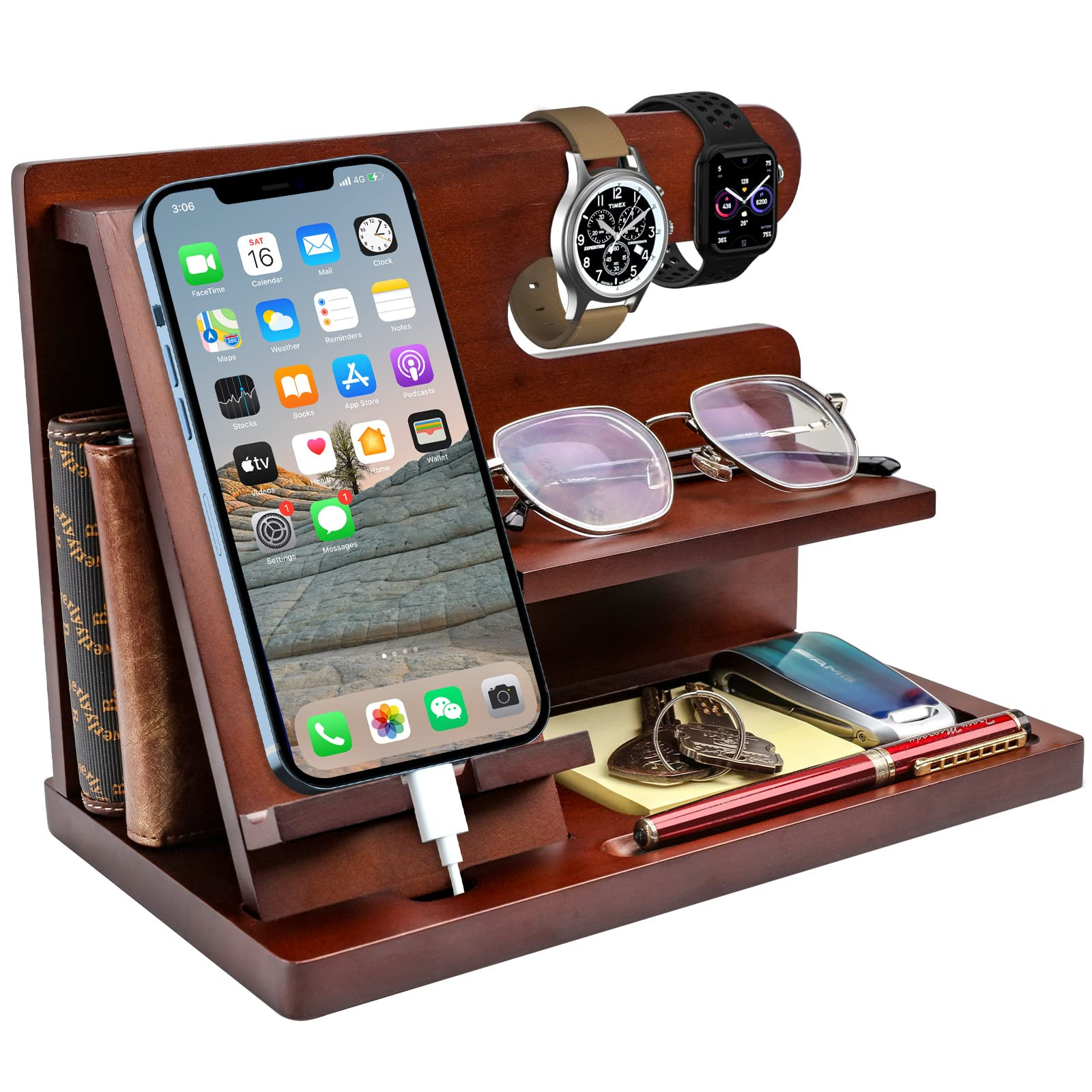 KLATOVI Wood Phone Docking Station Key Holder Wallet Stand Watch Organizer Men Gift Husband Wife Ann | Amazon (US)