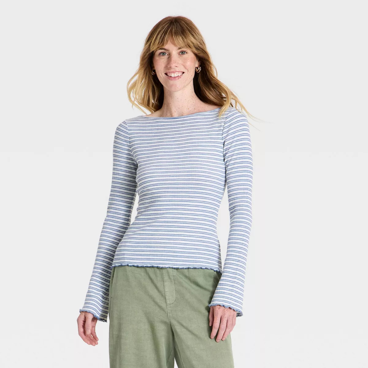 Women's Long Sleeve Heirloom Boat Neck T-Shirt - Universal Thread\u2122 Blue Striped S | Target
