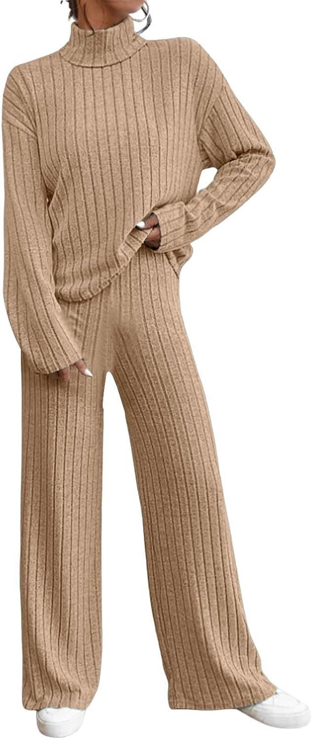 DGFUIFEN Women's 2024 2 Piece Outfits Sweater Set Cable Knit Pullover Top & Wide Leg Sweatpants L... | Amazon (US)