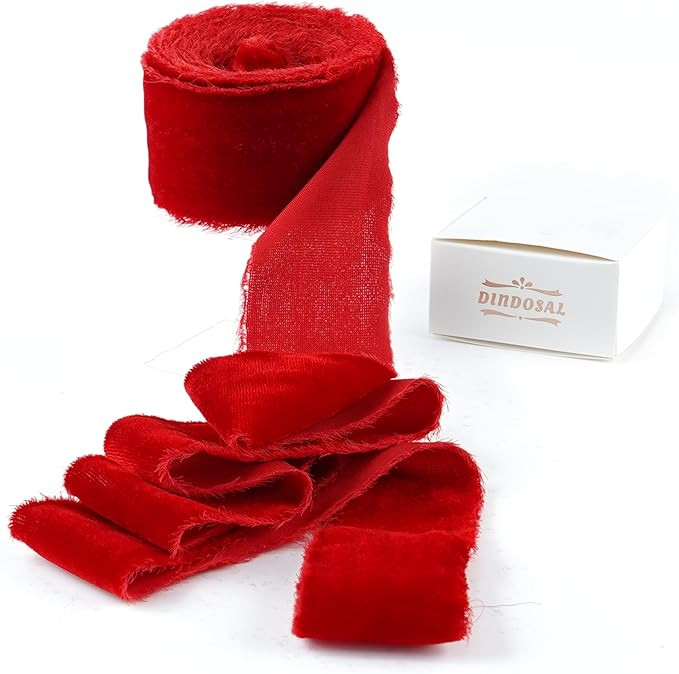 Red Velvet Ribbon for Christmas Decorations 1.5 Inch Raw Edge Rustic Frayed Silk Velvet Ribbon fo... | Amazon (US)