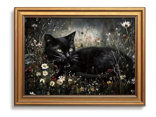 Vintage Gold Framed Black Cat Wall Art Dark Cottagecore Painting 12x16 Inch | Amazon (US)