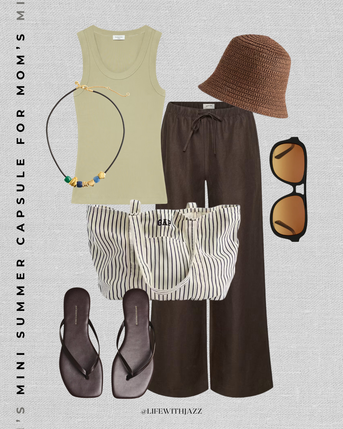 casual summer mom outfit

minimal style / summer style / aritzia lodge linen pants / olive green tank / gap striped tote bag / aviator sunglasses / straw hat / chocolate brown flip flops / madewell accessories

#LTKootd #LTKmomlife