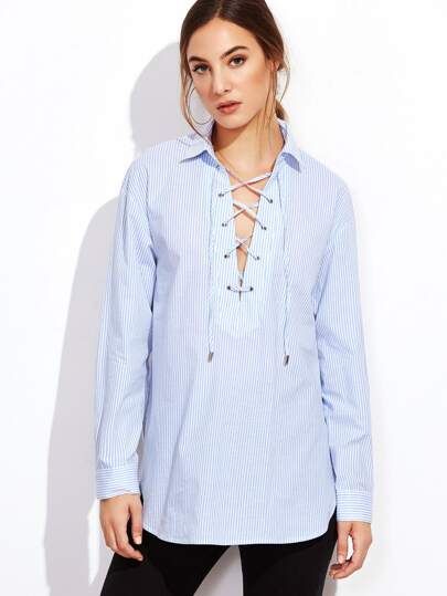 Blue Vertical Striped Lace Up Blouse | SHEIN
