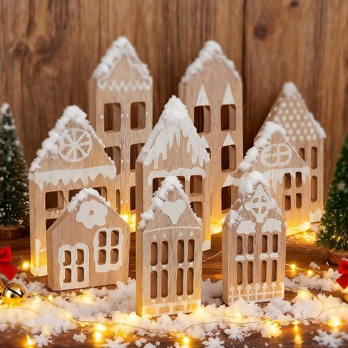 9 Pcs Christmas Village Houses Set with String Light Rustic Wooden Gingerbread House Xmas Decorat... | Amazon (US)