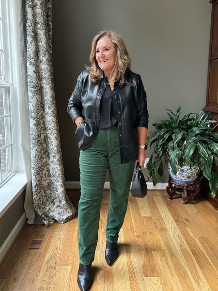 Green cords are such an iconic fall winter color. Wearing size 31
Faux leather jacket size 2.0 and 25% off through Sunday night the 24th!
Add the pointed toe boot for an elevated leg lengthening look. I size up 1/2

#LTKworkwear #LTKSeasonal #LTKsalealert