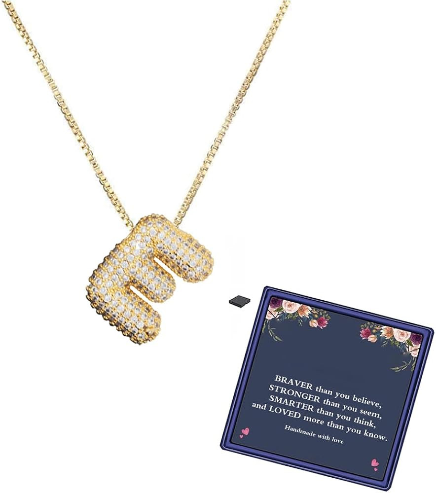Bubble Letter Necklace Gold for Women，Charm Balloon Initial Letter Pendant Zirconia Inlaid Neck... | Amazon (US)