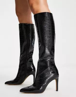 London Rebel pointed stiletto knee boots in black croc | ASOS (Global)