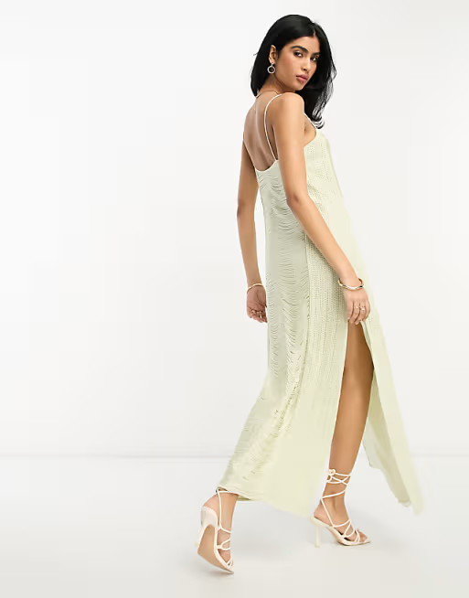 ASOS DESIGN fringe crochet cami maxi dress in stone | ASOS (Global)