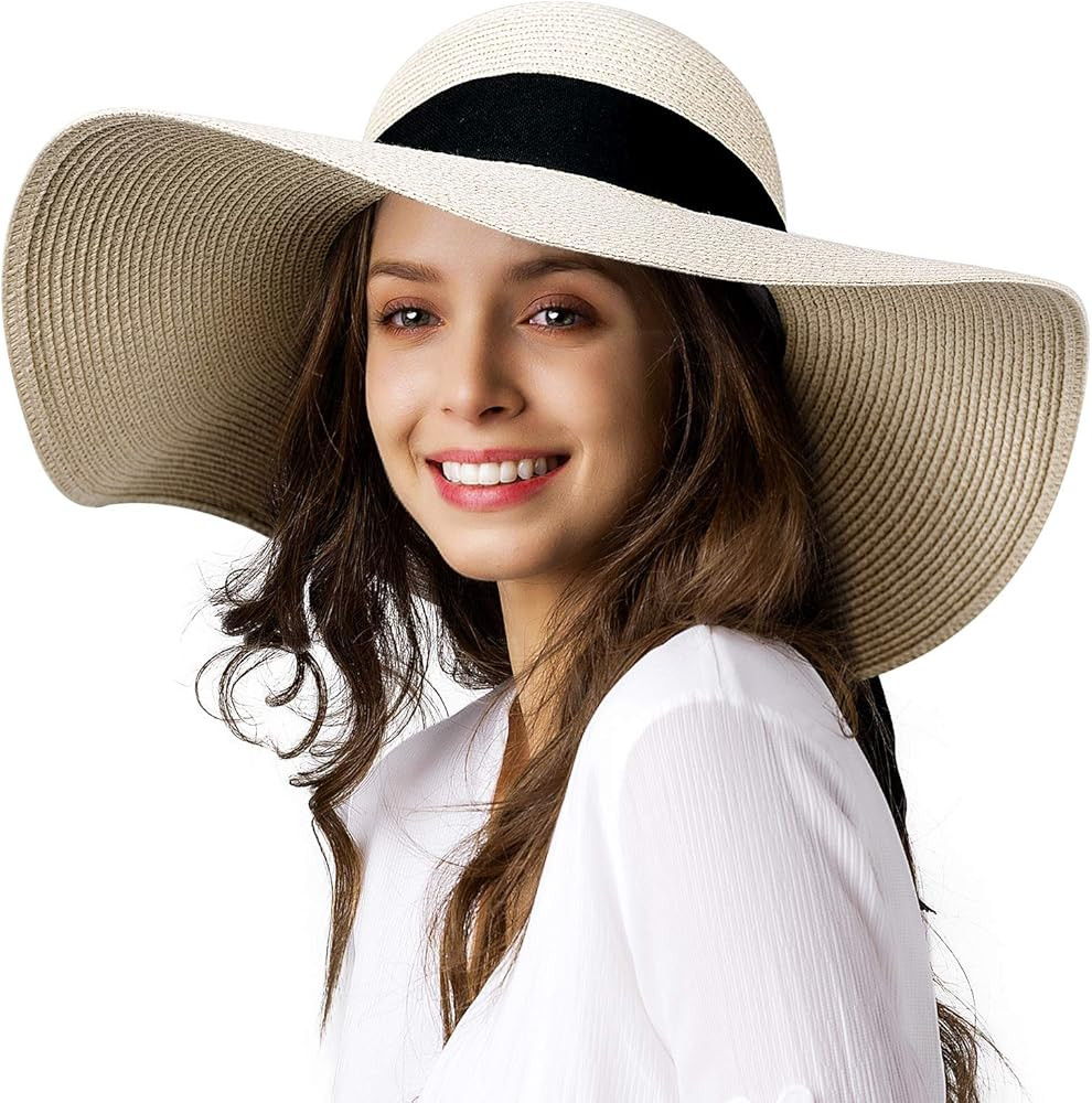 Womens Sun Straw Hat Wide Brim UPF 50 Summer Hat Foldable Roll up Floppy Beach Hats for Women | Amazon (US)