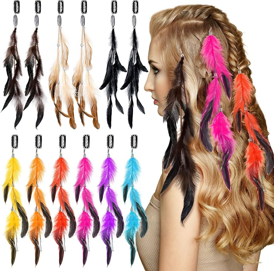 Geyoga 12 Pcs Clip in Hair Feathers Extensions for Women Colored Boho Feather Hair Clips Hallowee... | Amazon (US)