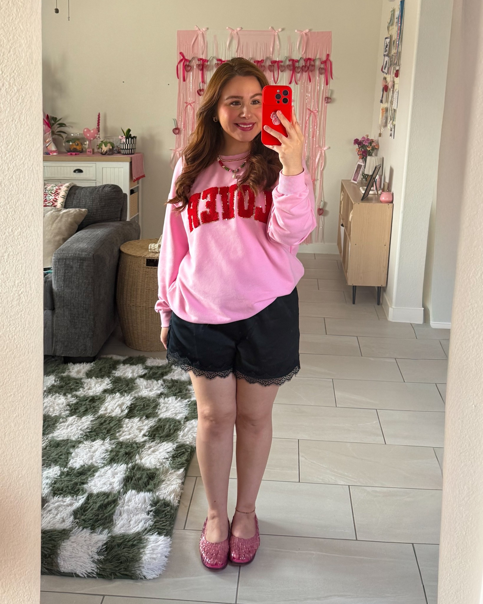 Wearing a large in the sweater it’s very oversized but not squared so I love it! 
Shorts I got a medium, they run big 