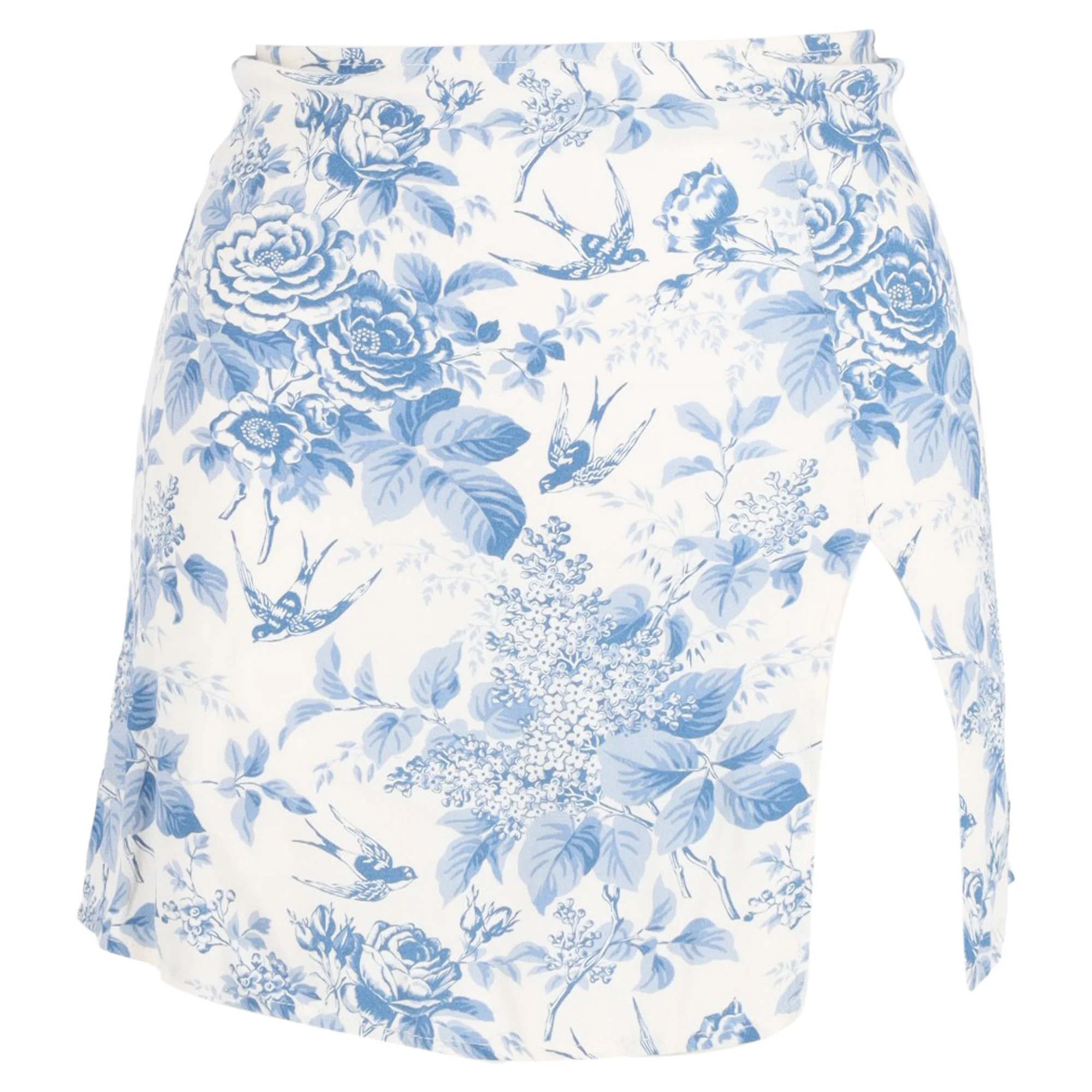 Reformation Margot Floral Print Mini A-Line Skirt with Slit in Blue Viscose | Shop Simon