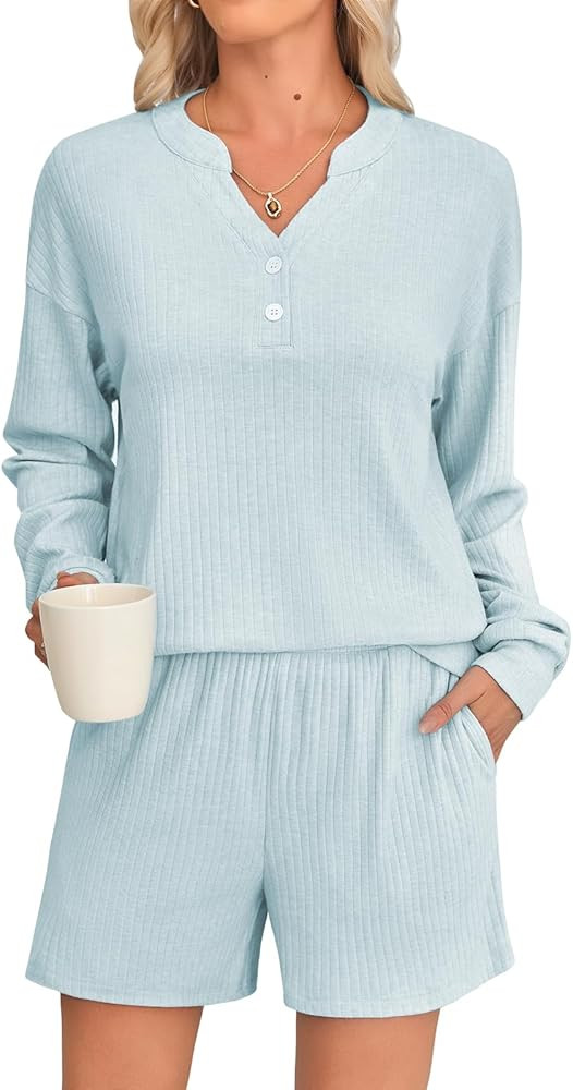 Womens Ribbed Knit 2 Piece Lounge Sets Outfits Long Sleeve Top and Shorts Pajama Sets Loungewear ... | Amazon (US)