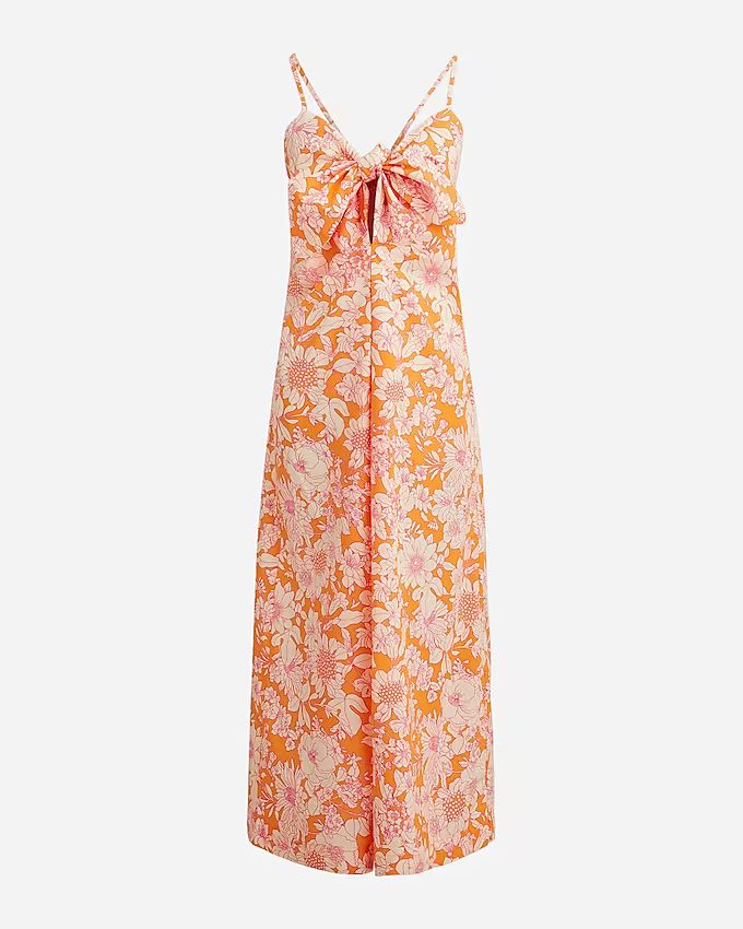 Tie-front cotton poplin midi dress in orange floral | J.Crew US