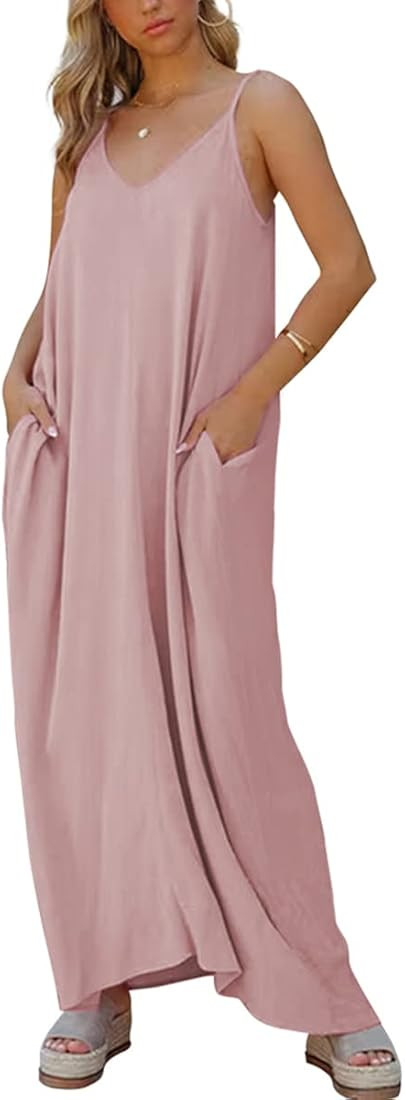 Poetsky Womens Casual Strappy V Neck Sleeveless Flowy Pockets Loose Long Maxi Beach Dress Sundres... | Amazon (US)