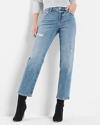 Mid Rise Medium Wash Ripped Boyfriend Jeans | Express