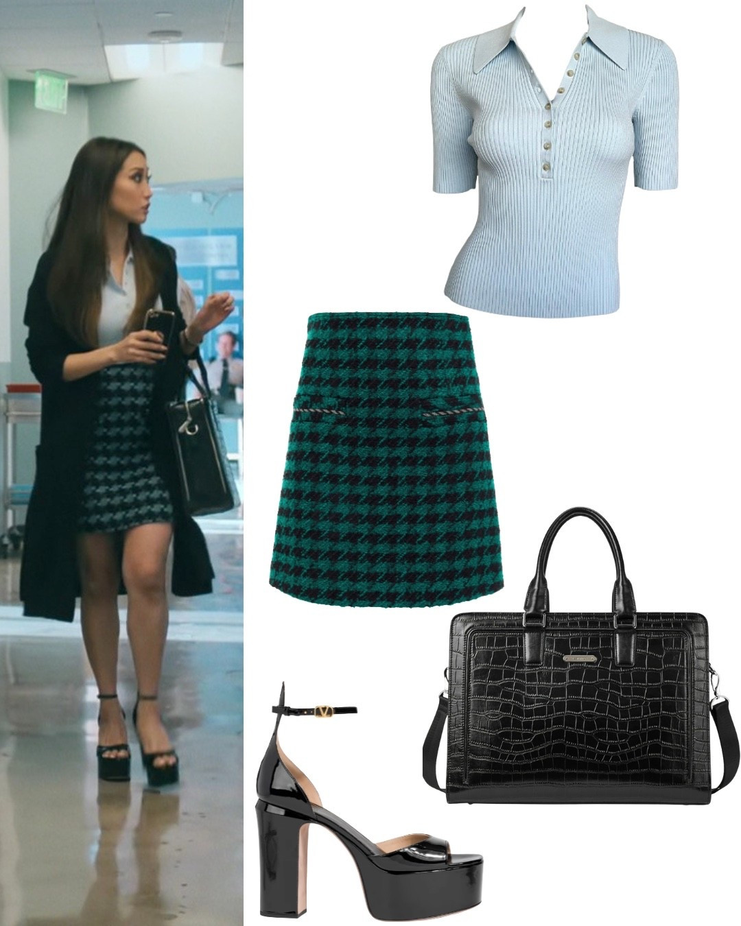 Ali Lee, played by Brenda Song wearing a plaid skirt with a blue polo on Running Point.

#LTKootd