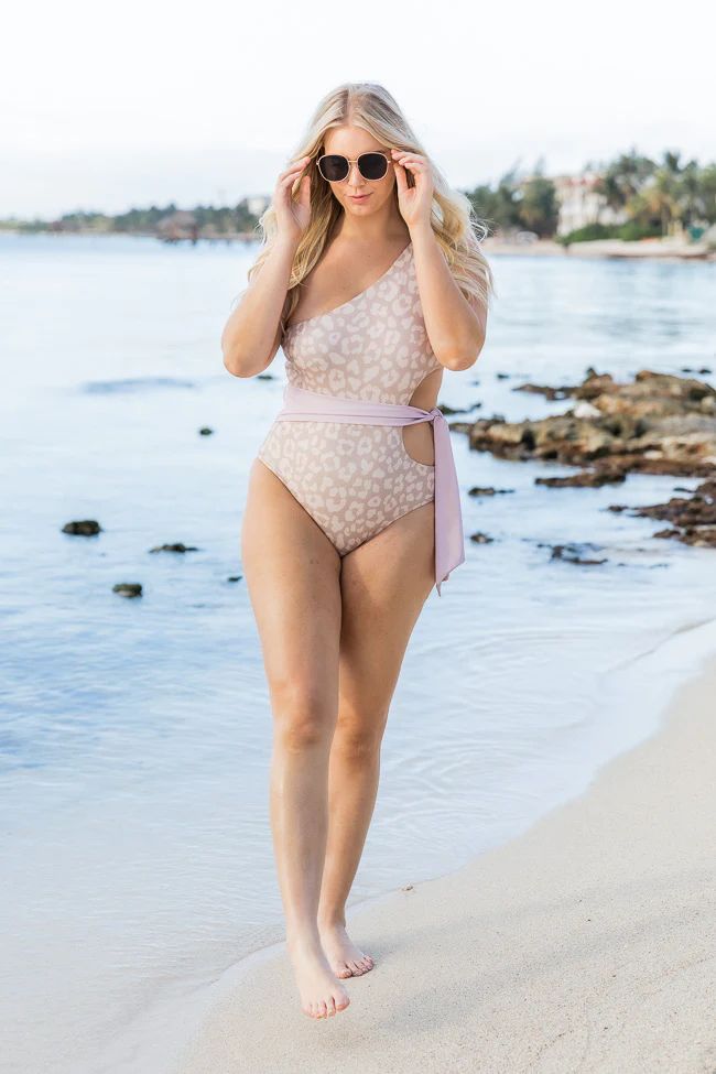 Tropic Sand Dunes Taupe Ribbed One Shoulder Animal Print Swimsuit | The Pink Lily Boutique