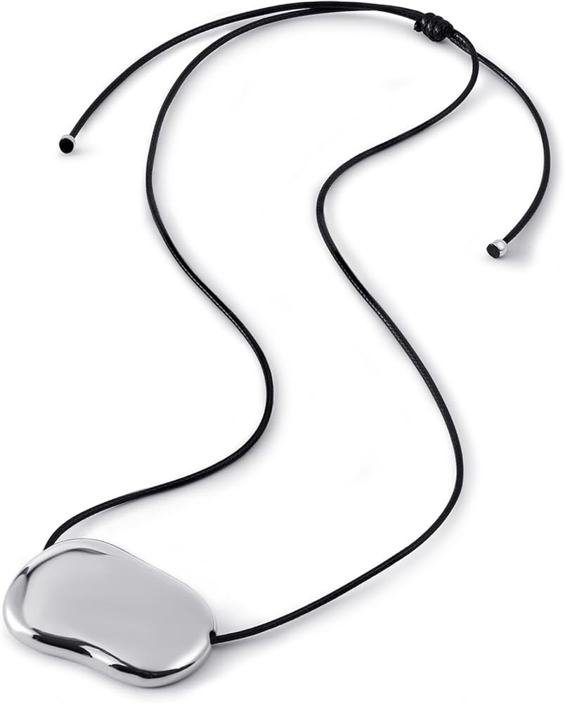 Silver Bean Pendant Necklace for Women, Minimalist Pebble Charm on Adjustable Black Cord, Chunky ... | Amazon (CA)