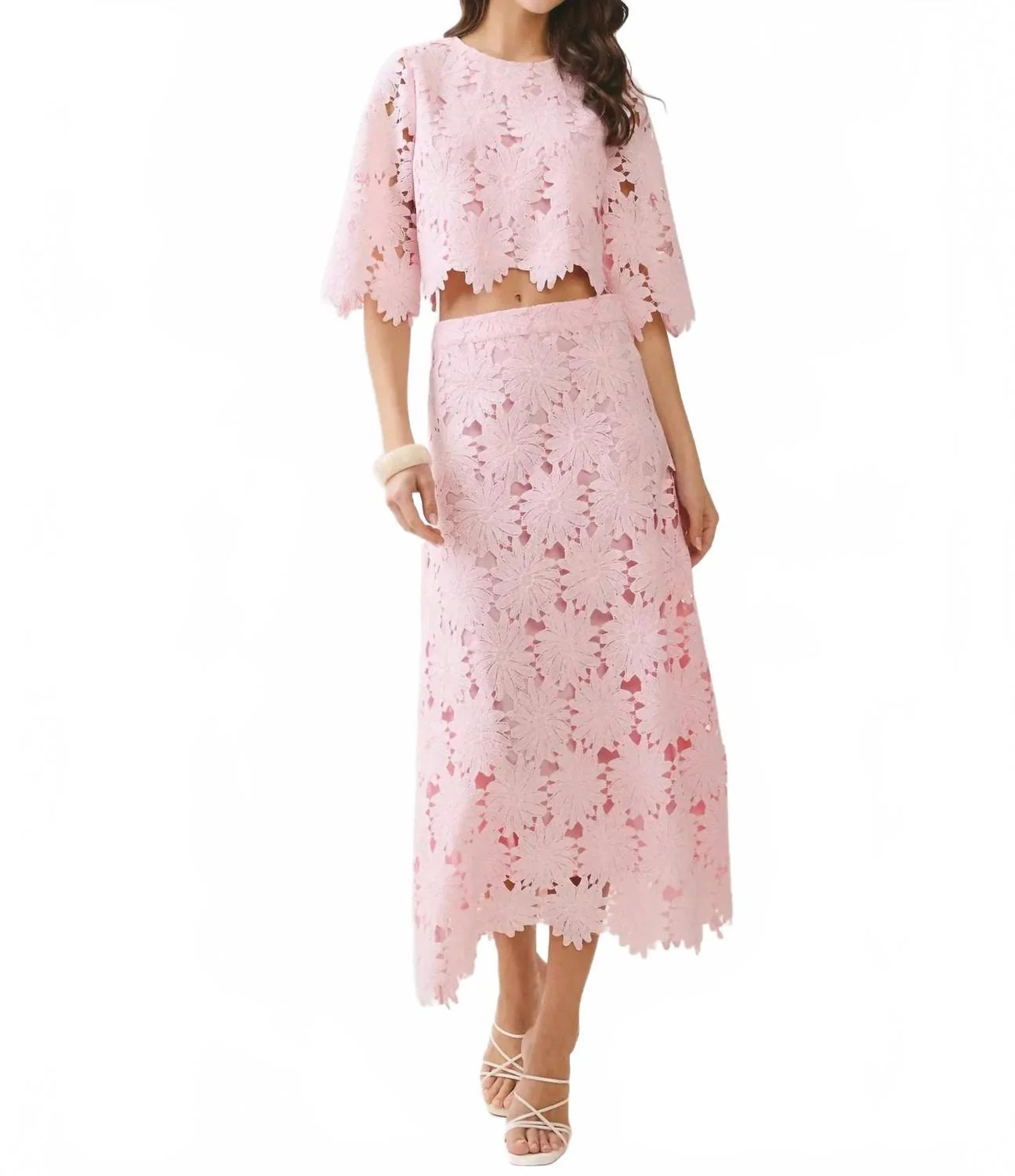 A-Line Floral Lace Midi Skirt In Pink | Shop Simon