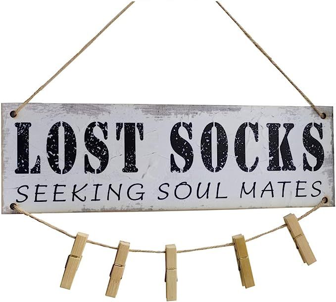 Lost Socks Seeking Soul Mates Funny Decor Wood Plaque Laundry Room Wall Decor with 5 Wood Pins(B4... | Amazon (US)
