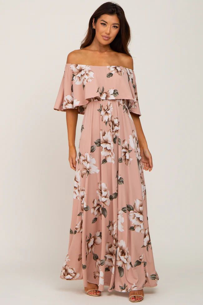 Mauve Floral Flounce Off Shoulder Maxi Dress | PinkBlush Maternity
