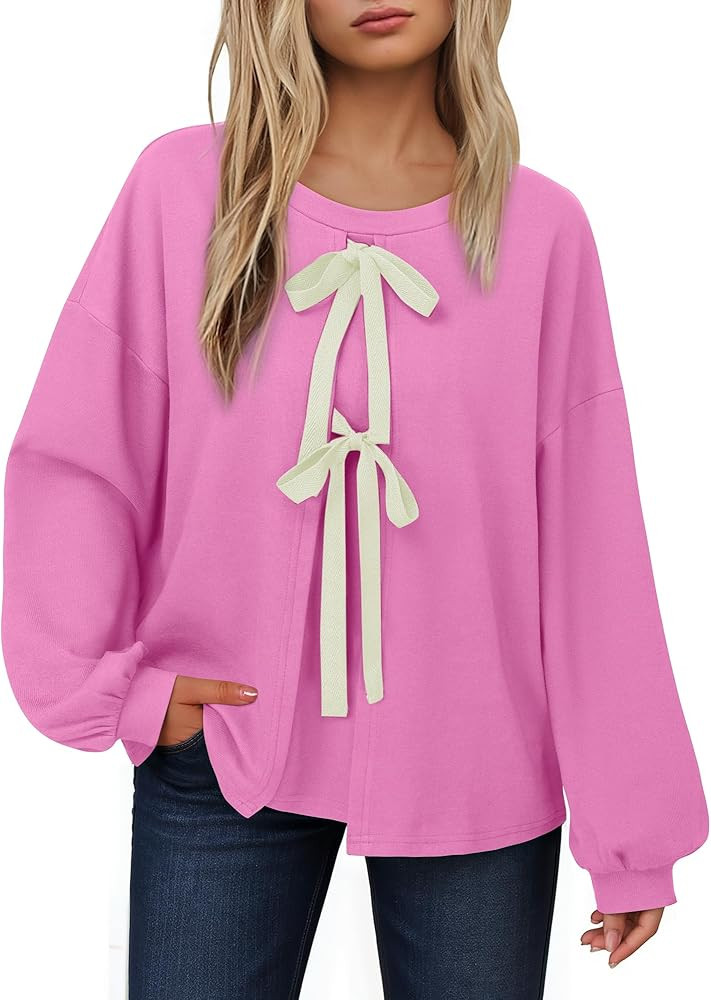 Vivilli Women's Tie Front Knit Tops Long Lantern Sleeve Shirts Crewneck Sweatshirts A-Line Patchw... | Amazon (US)