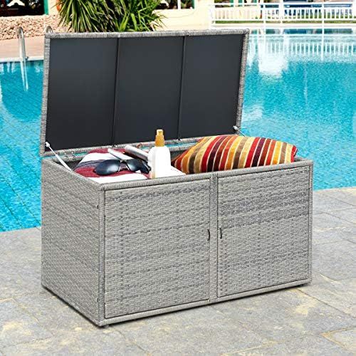 Tangkula Wicker Deck Box, 88 Gallon Rattan Storage Box with 2 Removable Shelves, Made of Steel Fr... | Amazon (US)